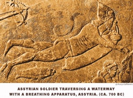 Assyrian soldier traversing a waterway with a breathing apparatus, Assyria, (ca 700 BC)